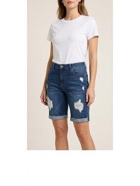 Alibi Womens Size 20 Distressed Denim Bermuda Shorts Cuffed Medium Wash Plus